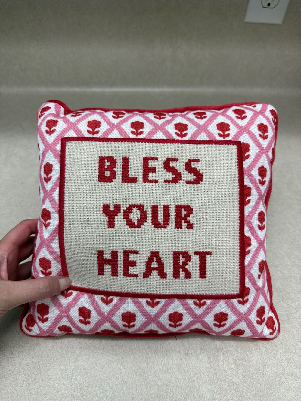Bless Your Heart Pink and Red Decorative Throw Pillow